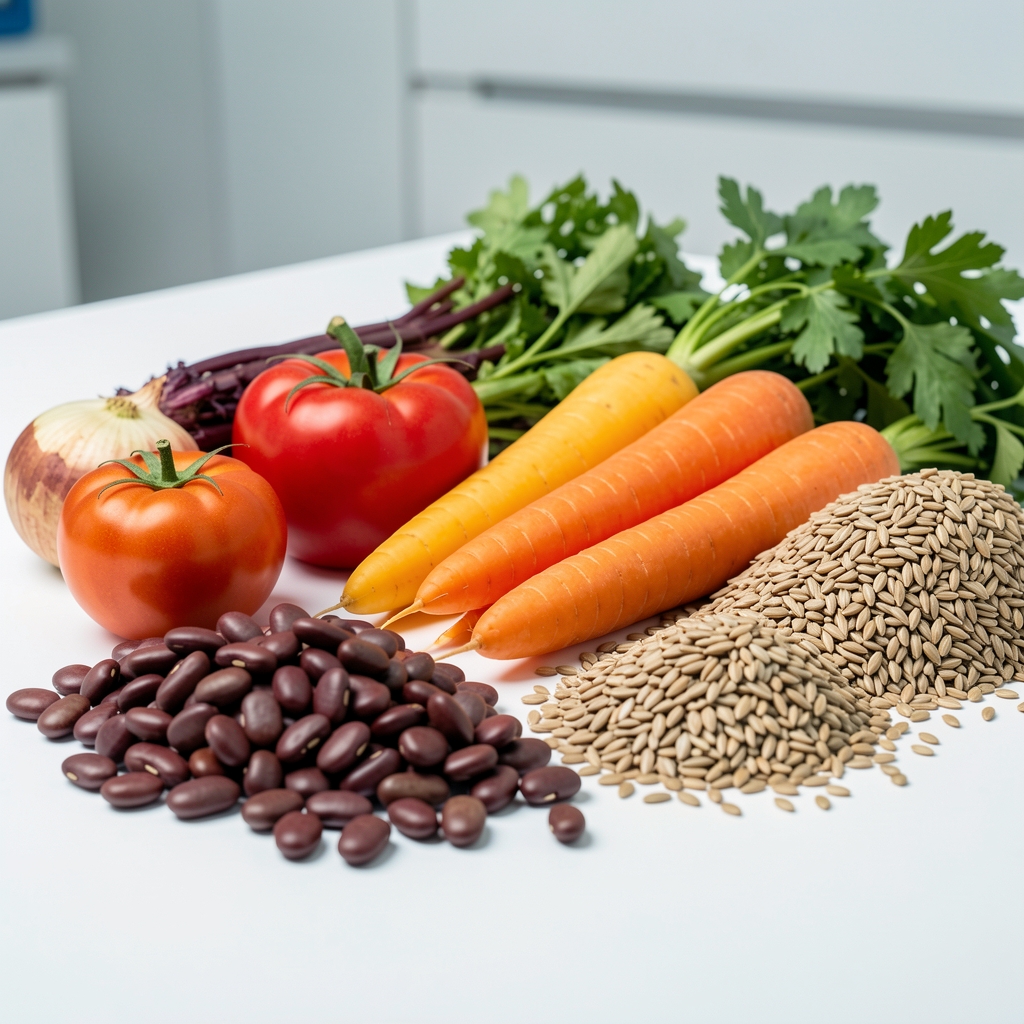 Close-up of seasonal vegetables, legumes and whole grains arranged in a quality-control environment on a white surface under controlled studio lighting
