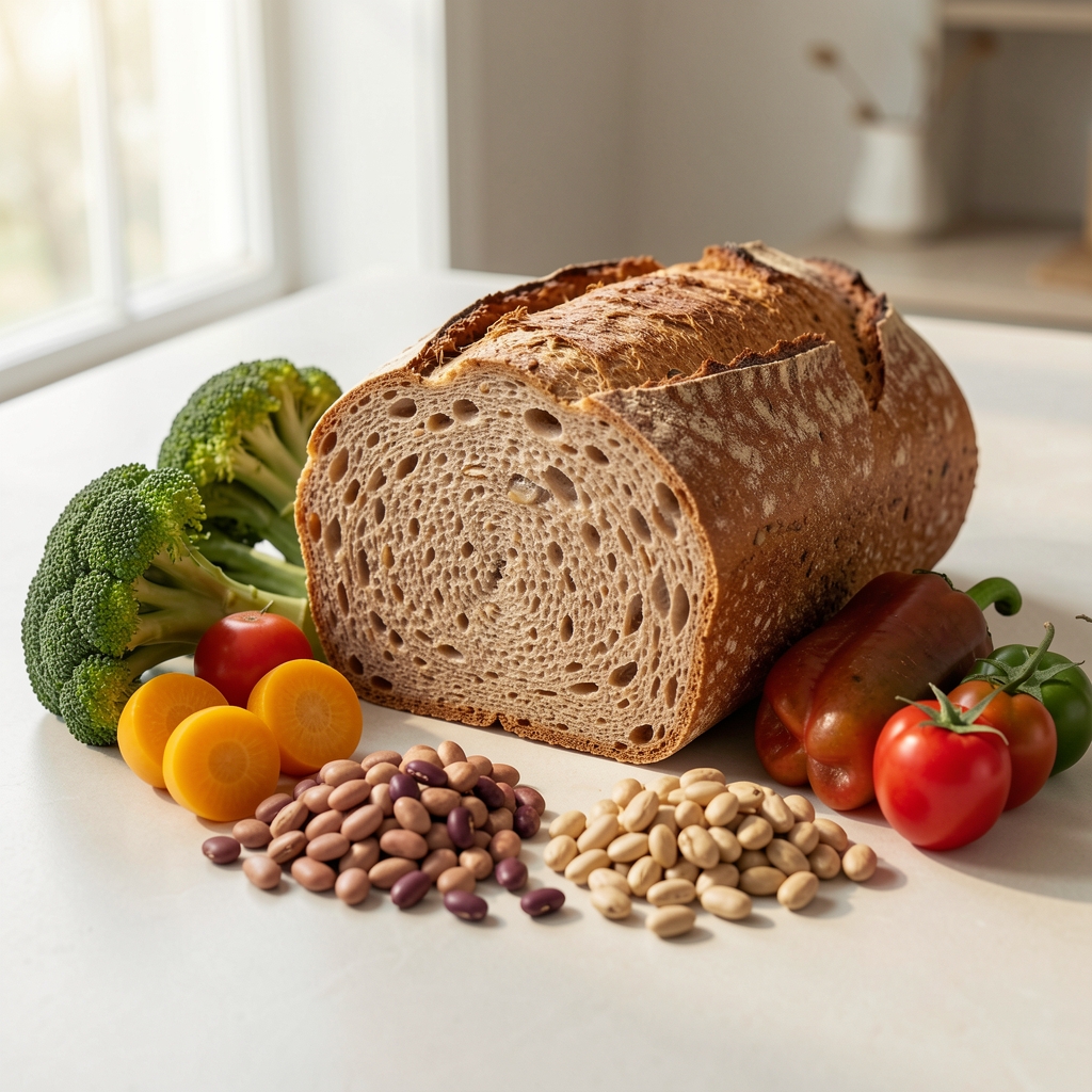 Whole grain bread, seasonal vegetables and legumes laid out on a clean light surface with natural window light