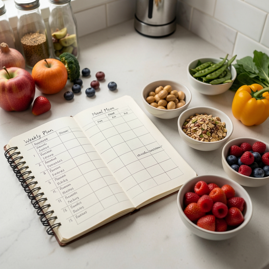 Weekly meal plan grid handwritten on a notebook next to seasonal produce, portioned in small bowls on a light kitchen counter