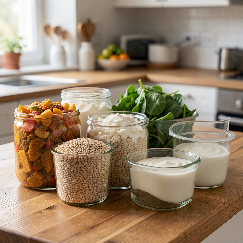 Fermented foods, fibre-rich grains, green vegetables and yoghurt displayed in glass containers on a wooden kitchen surface